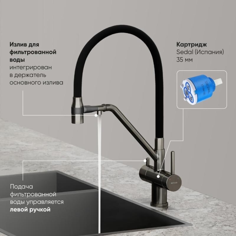 Смеситель для кухонной мойки Sancos Dora SC4003GG, с подключением к фильтру, с гибким изливом, цвет воронёная сталь, gunmetal