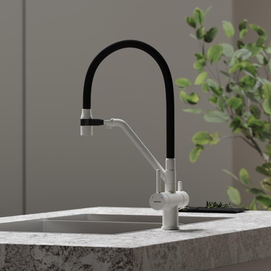 Смеситель для кухонной мойки Sancos Dora SC4003GR, с подключением к фильтру, с гибким изливом, цвет белый гранит