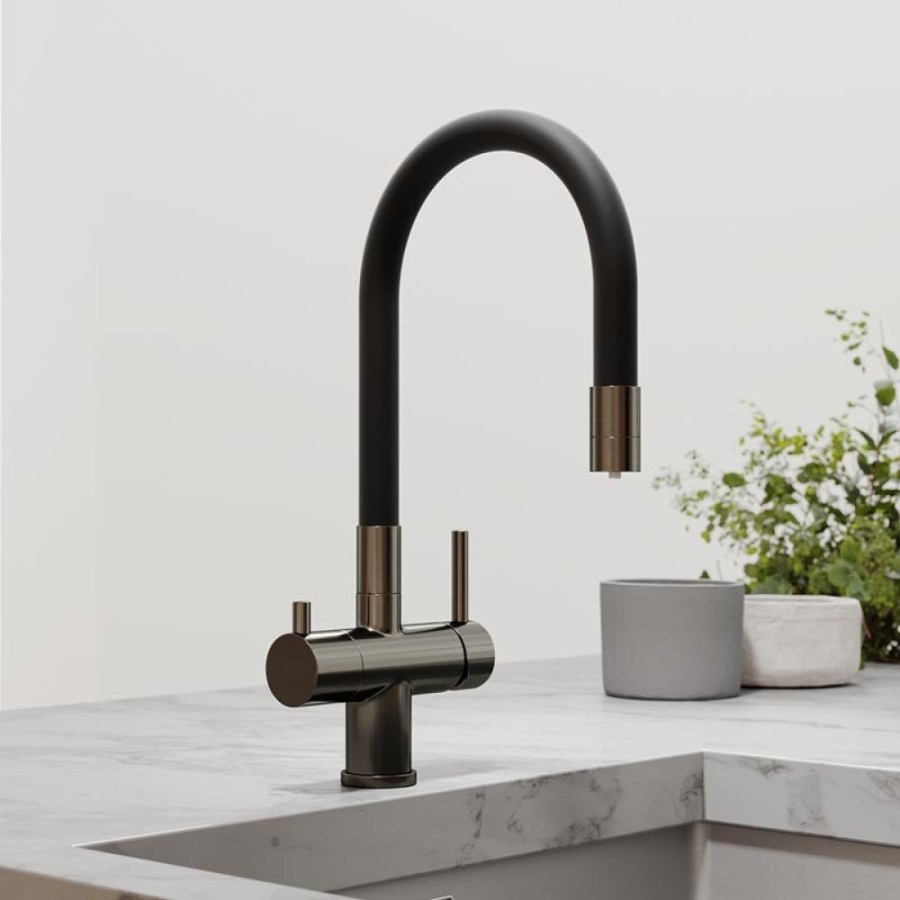 Смеситель для кухонной мойки Sancos Lucia SC4004GG, с подключением к фильтру, с гибким изливом, цвет воронёная сталь, gunmetal