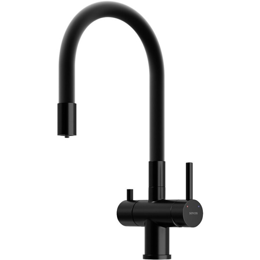 Смеситель для кухонной мойки Sancos Lucia SC4004MB, с подключением к фильтру, с гибким изливом, цвет черный матовый