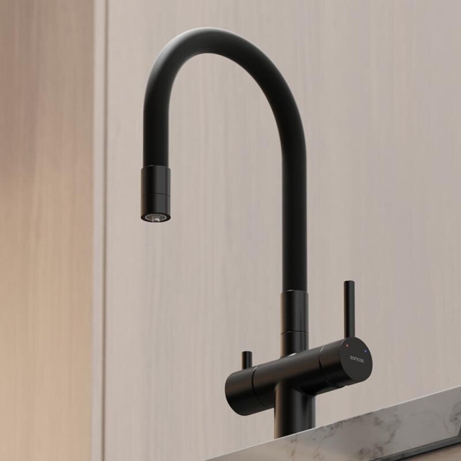 Смеситель для кухонной мойки Sancos Lucia SC4004MB, с подключением к фильтру, с гибким изливом, цвет черный матовый