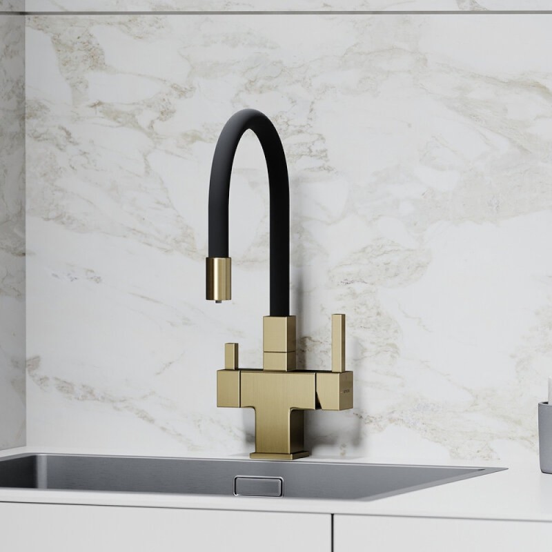 Смеситель для кухонной мойки Sancos Arno SC4005BG, с подключением к фильтру, с гибким изливом, цвет золото брашированное, PVD покрытие