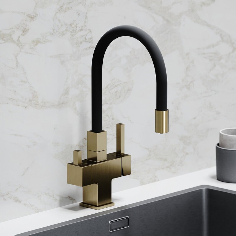 Смеситель для кухонной мойки Sancos Arno SC4005BG, с подключением к фильтру, с гибким изливом, цвет золото брашированное, PVD покрытие