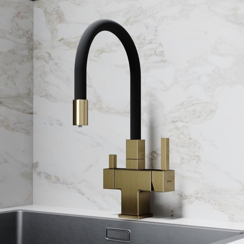Смеситель для кухонной мойки Sancos Arno SC4005BG, с подключением к фильтру, с гибким изливом, цвет золото брашированное, PVD покрытие