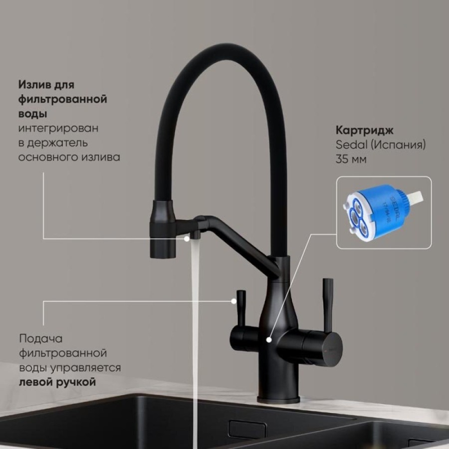 Смеситель для кухонной мойки Sancos Orta SC4008MB, с подключением к фильтру, с гибким изливом, цвет черный матовый