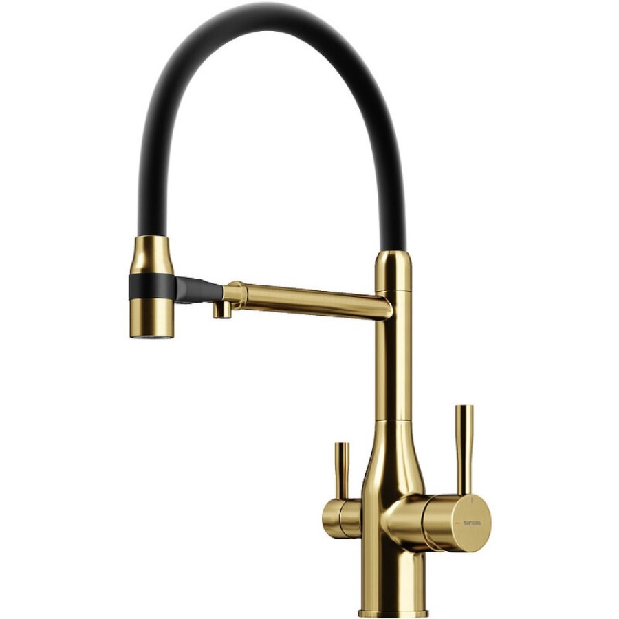 Смеситель для кухонной мойки Sancos Garda SC4009BG, с подключением к фильтру, с гибким изливом, цвет золото брашированное, PVD покрытие