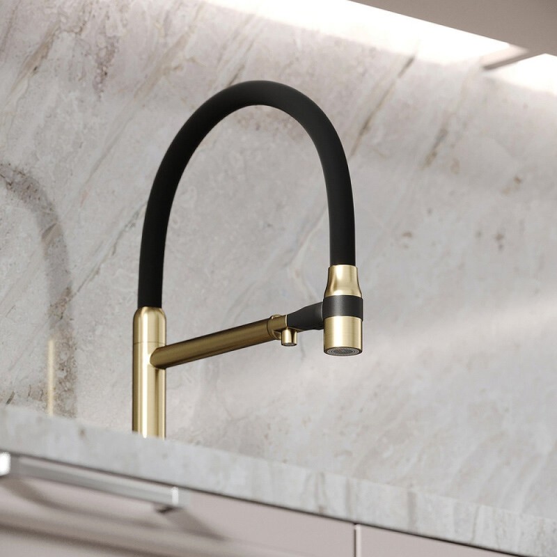 Смеситель для кухонной мойки Sancos Garda SC4009BG, с подключением к фильтру, с гибким изливом, цвет золото брашированное, PVD покрытие