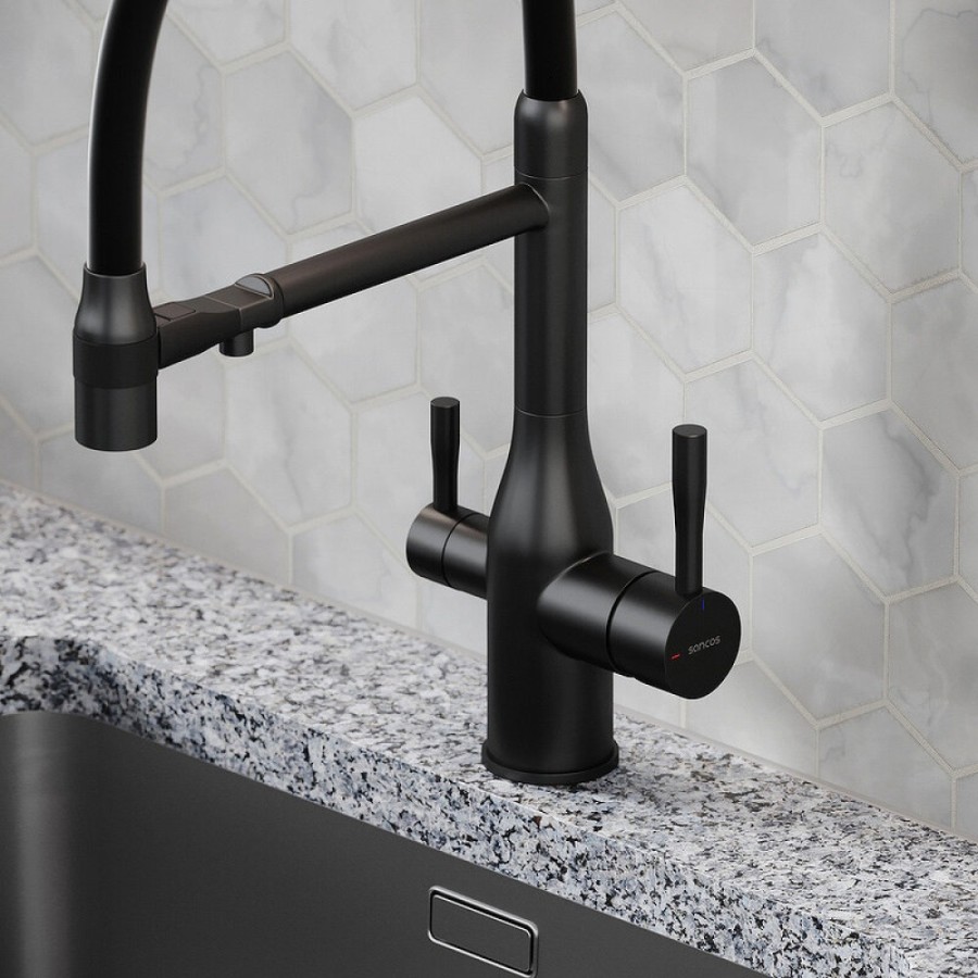Смеситель для кухонной мойки Sancos Garda SC4009MB, с подключением к фильтру, с гибким изливом, цвет черный матовый