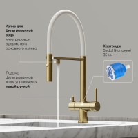 Смеситель для кухонной мойки Sancos Imola SC4010BG, с подключением к фильтру, с гибким изливом, цвет золото брашированное, PVD покрытие