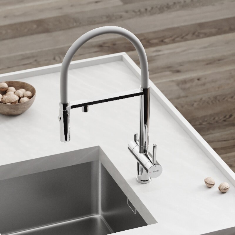 Смеситель для кухонной мойки Sancos Imola SC4010CHwh, с подключением к фильтру, с гибким изливом, цвет хром/белый