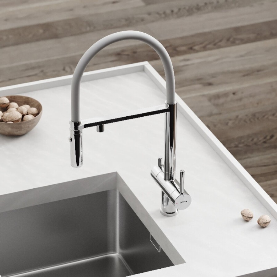 Смеситель для кухонной мойки Sancos Imola SC4010CHwh, с подключением к фильтру, с гибким изливом, цвет хром/белый
