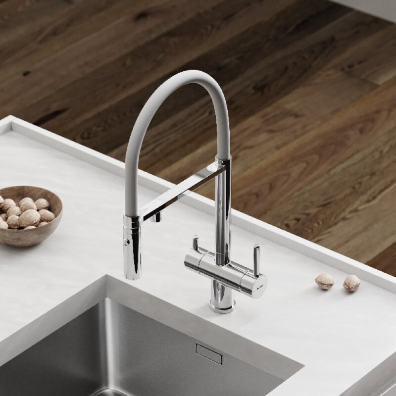 Смеситель для кухонной мойки Sancos Imola SC4010CHwh, с подключением к фильтру, с гибким изливом, цвет хром/белый