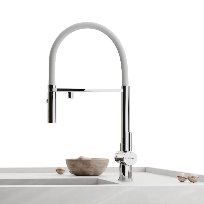 Смеситель для кухонной мойки Sancos Imola SC4010CHwh, с подключением к фильтру, с гибким изливом, цвет хром/белый