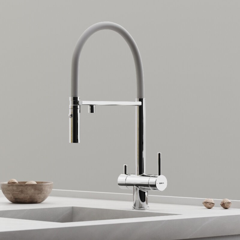 Смеситель для кухонной мойки Sancos Imola SC4010CHwh, с подключением к фильтру, с гибким изливом, цвет хром/белый