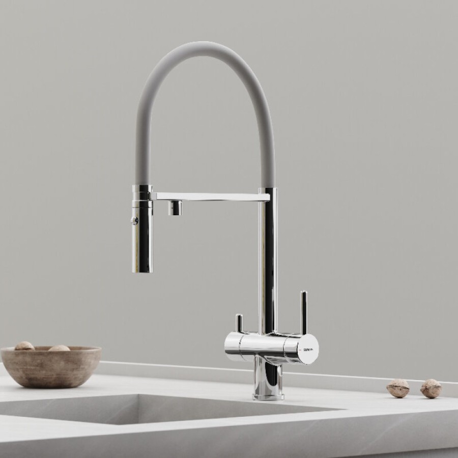 Смеситель для кухонной мойки Sancos Imola SC4010CHwh, с подключением к фильтру, с гибким изливом, цвет хром/белый