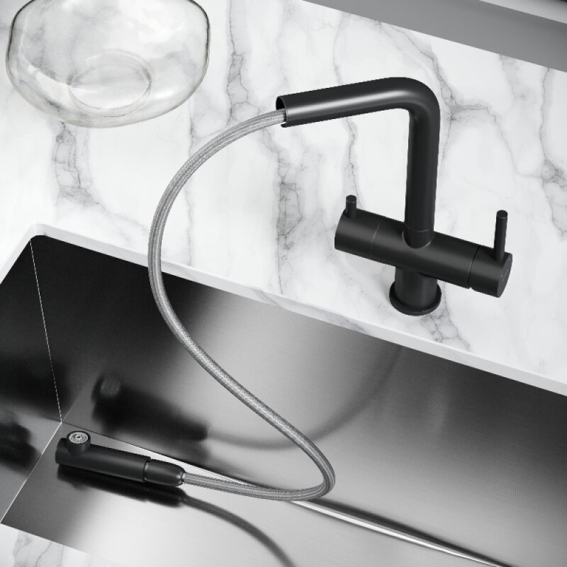 Смеситель для кухонной мойки Sancos Spin SC4015MB, с подключением к фильтру, с выдвижным изливом, цвет черный матовый