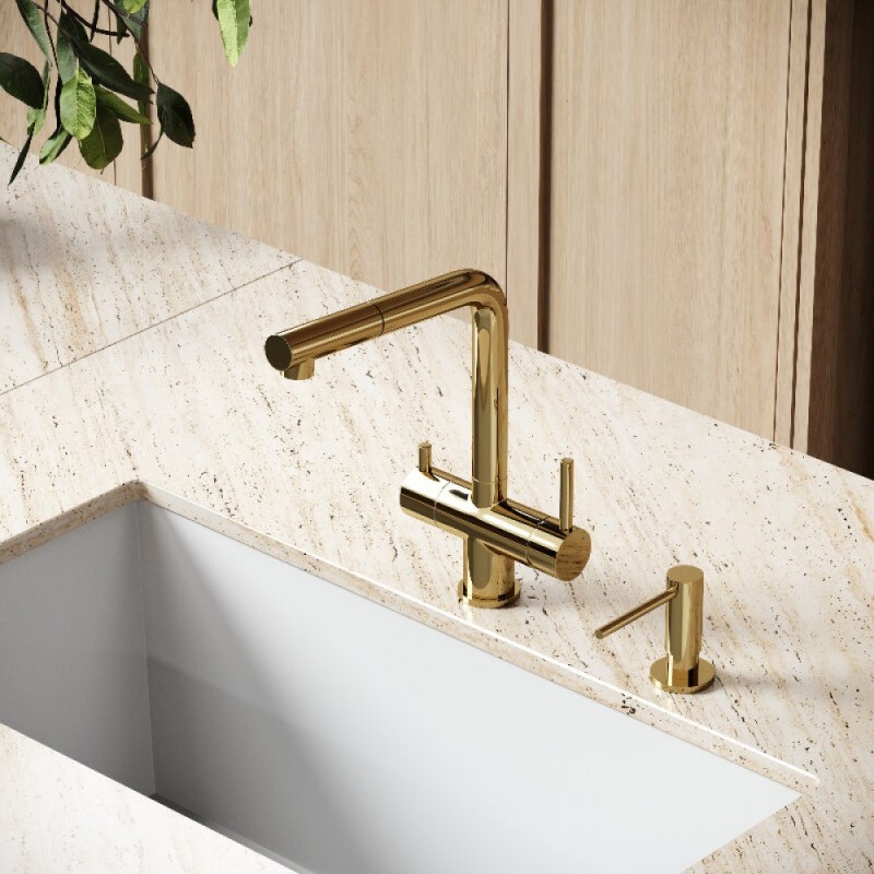 Смеситель для кухонной мойки Sancos Spin SC4015ZG, с подключением к фильтру, с выдвижным изливом, цвет полированное золото
