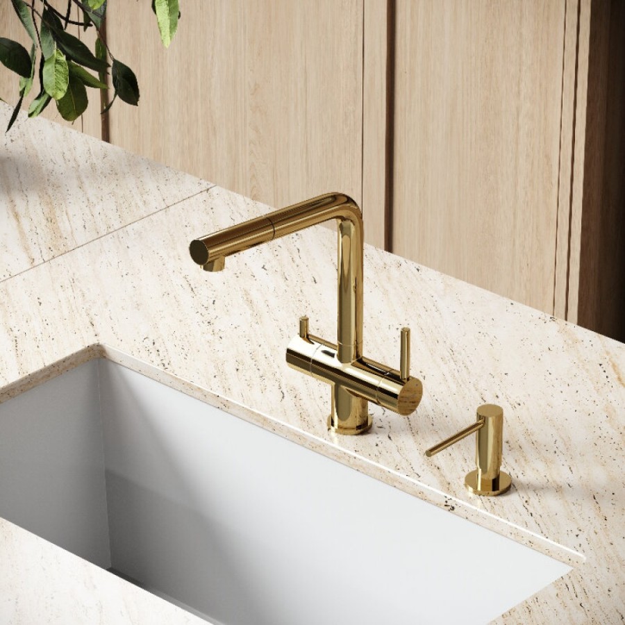 Смеситель для кухонной мойки Sancos Spin SC4015ZG, с подключением к фильтру, с выдвижным изливом, цвет полированное золото