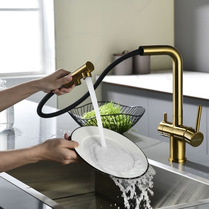 Смеситель для кухонной мойки Paulmark Serpentine Se213222-BG, с подключением к фильтру питьевой воды, брашированное золото