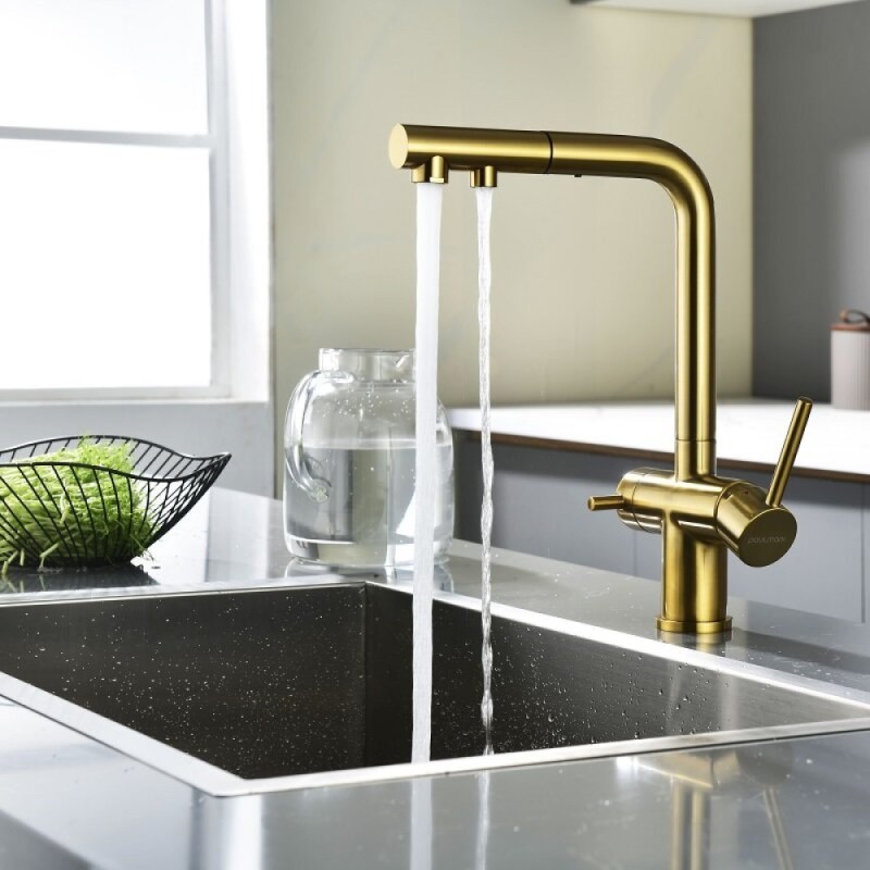 Смеситель для кухонной мойки Paulmark Serpentine Se213222-BG, с подключением к фильтру питьевой воды, брашированное золото