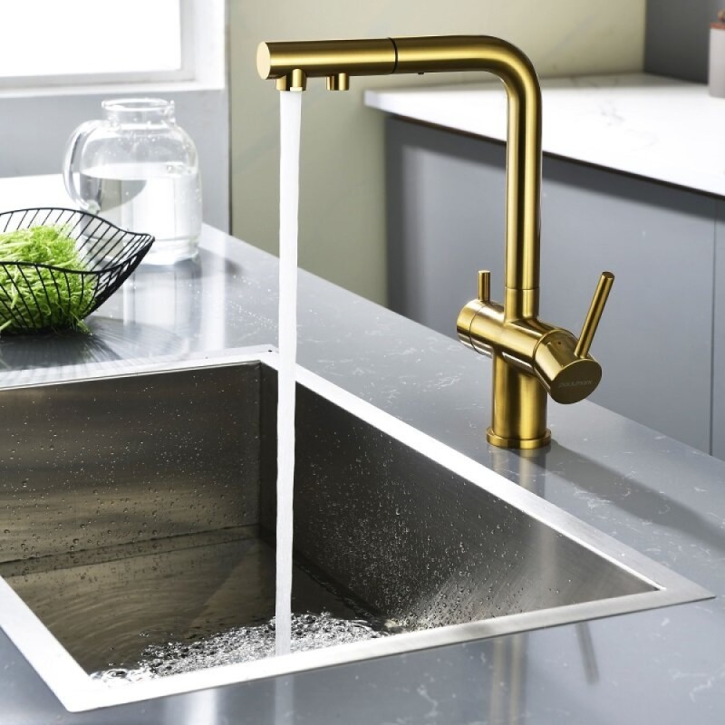 Смеситель для кухонной мойки Paulmark Serpentine Se213222-BG, с подключением к фильтру питьевой воды, брашированное золото
