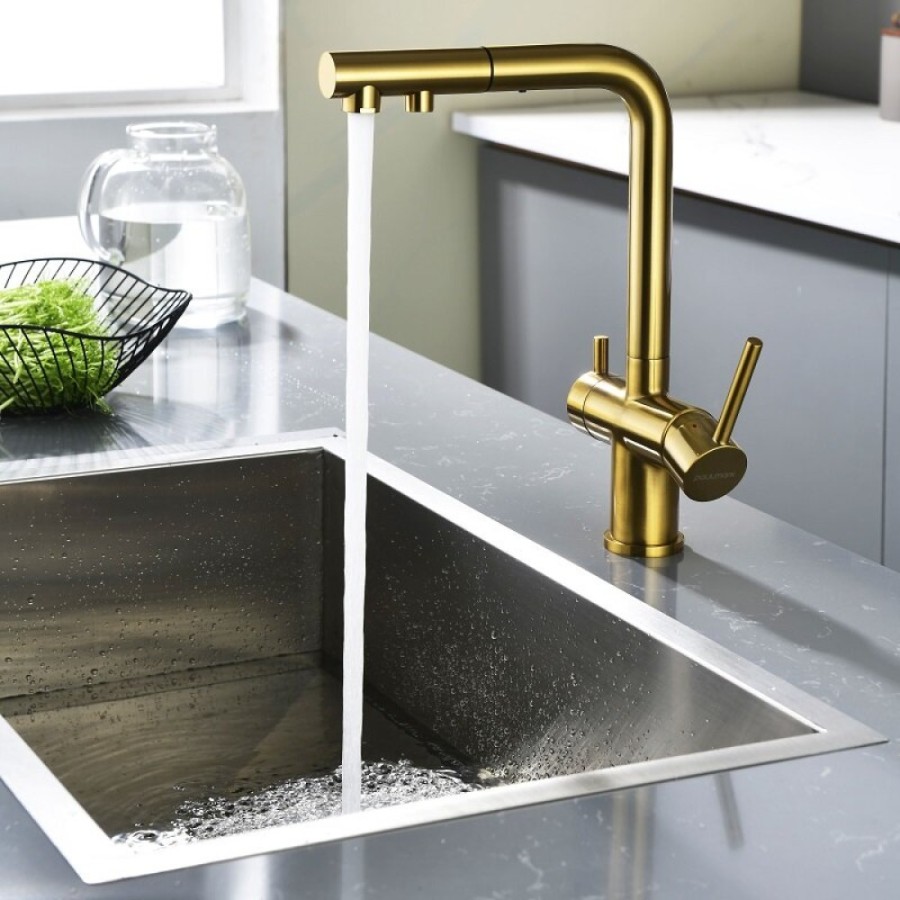 Смеситель для кухонной мойки Paulmark Serpentine Se213222-BG, с подключением к фильтру питьевой воды, брашированное золото