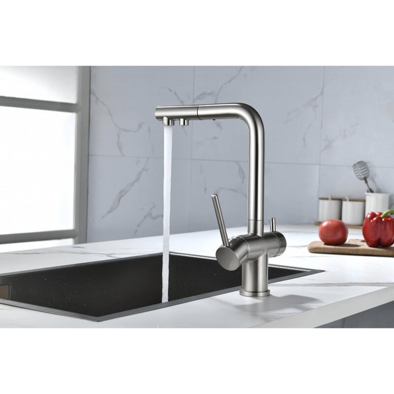 Смеситель Paulmark Serpentine Se213222-BS для кухонной мойки с подключением к фильтру питьевой воды, брашированная сталь