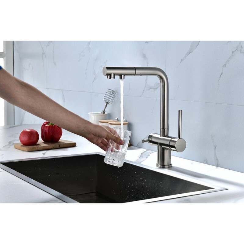 Смеситель Paulmark Serpentine Se213222-BS для кухонной мойки с подключением к фильтру питьевой воды, брашированная сталь