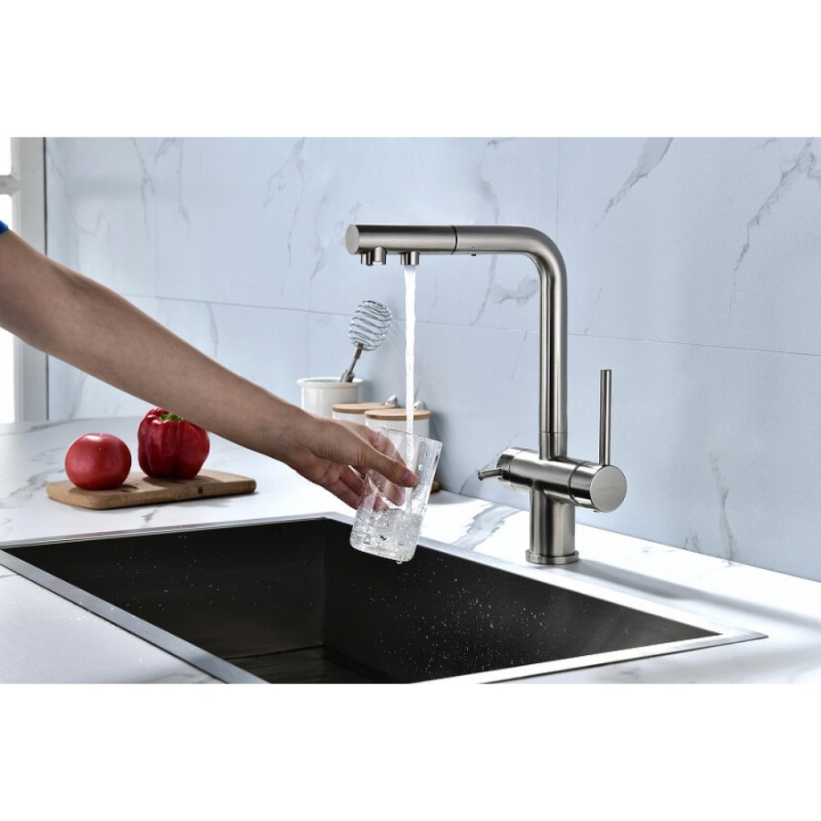 Смеситель Paulmark Serpentine Se213222-BS для кухонной мойки с подключением к фильтру питьевой воды, брашированная сталь