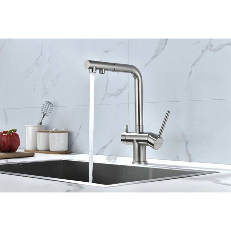 Смеситель Paulmark Serpentine Se213222-BS для кухонной мойки с подключением к фильтру питьевой воды, брашированная сталь