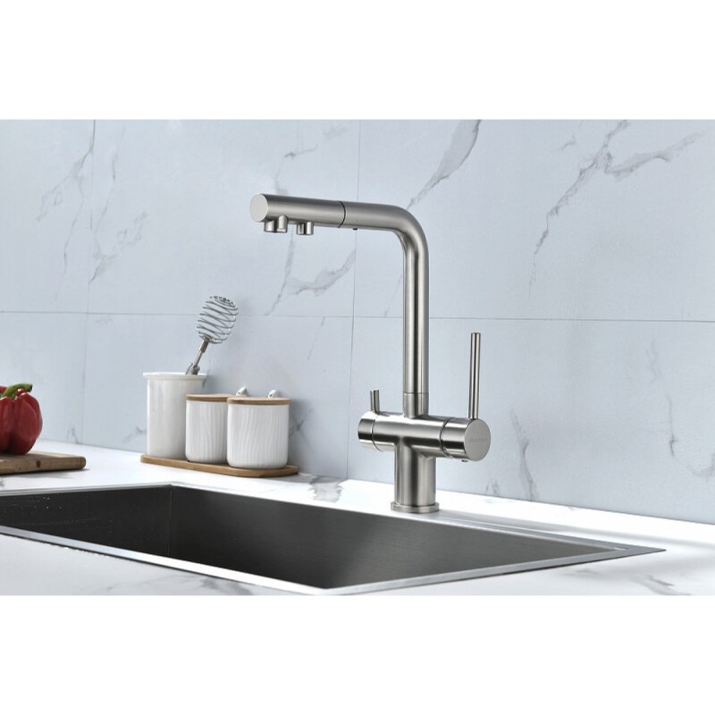 Смеситель Paulmark Serpentine Se213222-BS для кухонной мойки с подключением к фильтру питьевой воды, брашированная сталь