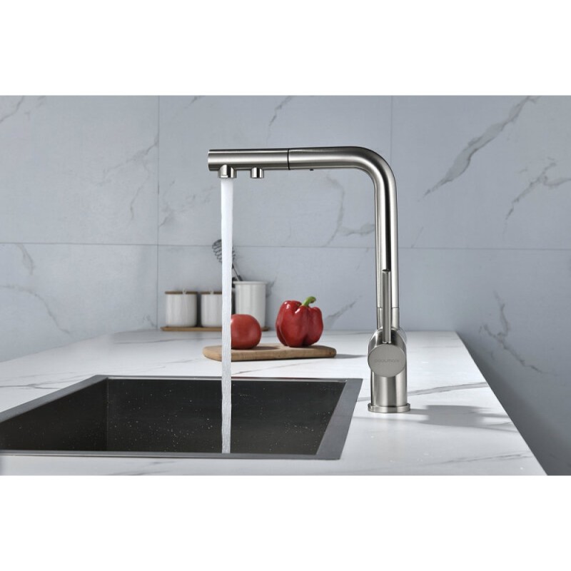 Смеситель Paulmark Serpentine Se213222-BS для кухонной мойки с подключением к фильтру питьевой воды, брашированная сталь