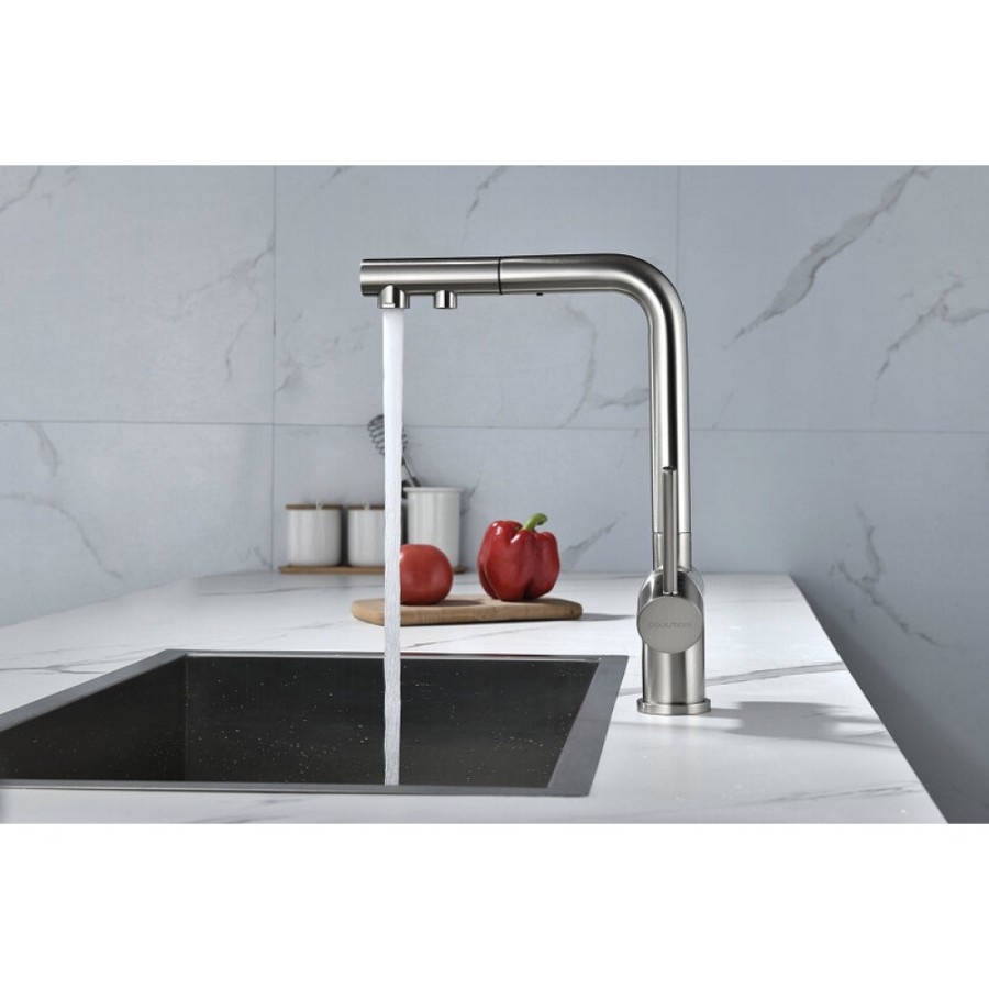 Смеситель Paulmark Serpentine Se213222-BS для кухонной мойки с подключением к фильтру питьевой воды, брашированная сталь
