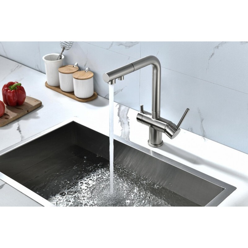 Смеситель Paulmark Serpentine Se213222-BS для кухонной мойки с подключением к фильтру питьевой воды, брашированная сталь