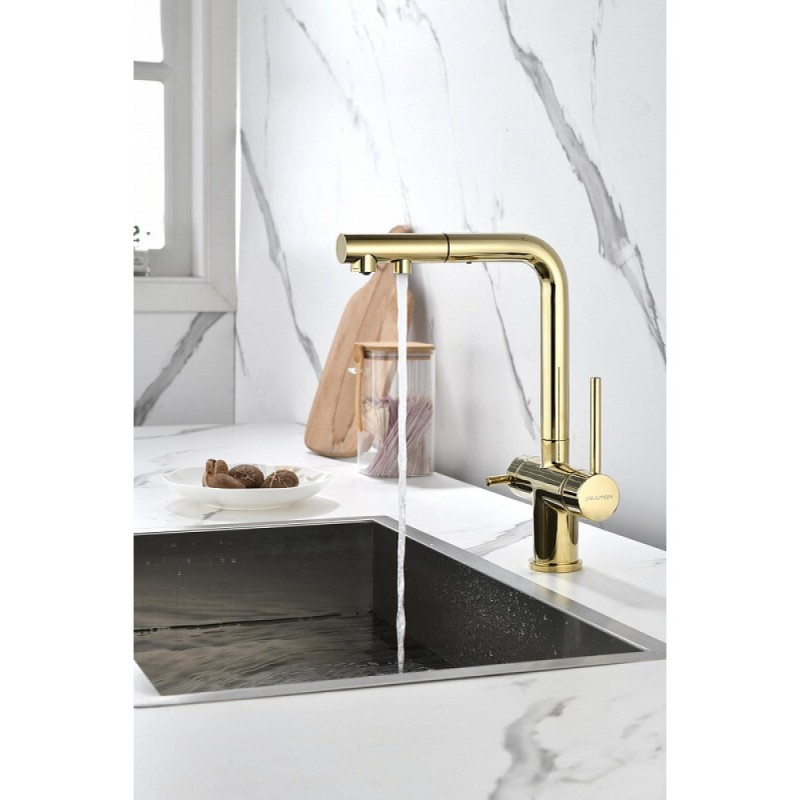 Смеситель Paulmark Serpentine Se213222-G для кухонной мойки с подключением к фильтру питьевой воды, золото