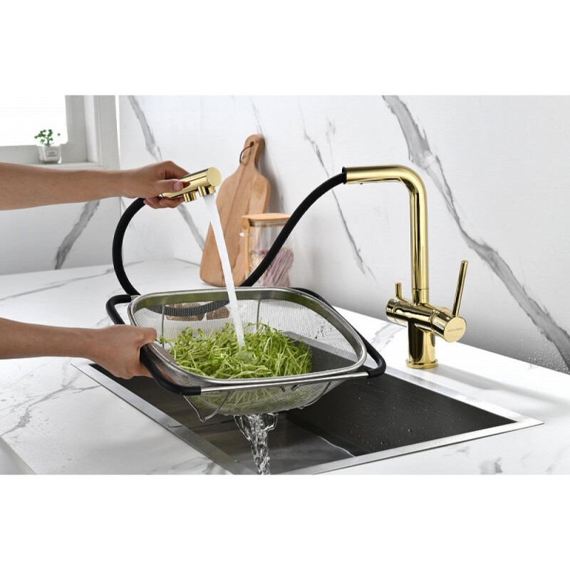 Смеситель Paulmark Serpentine Se213222-G для кухонной мойки с подключением к фильтру питьевой воды, золото
