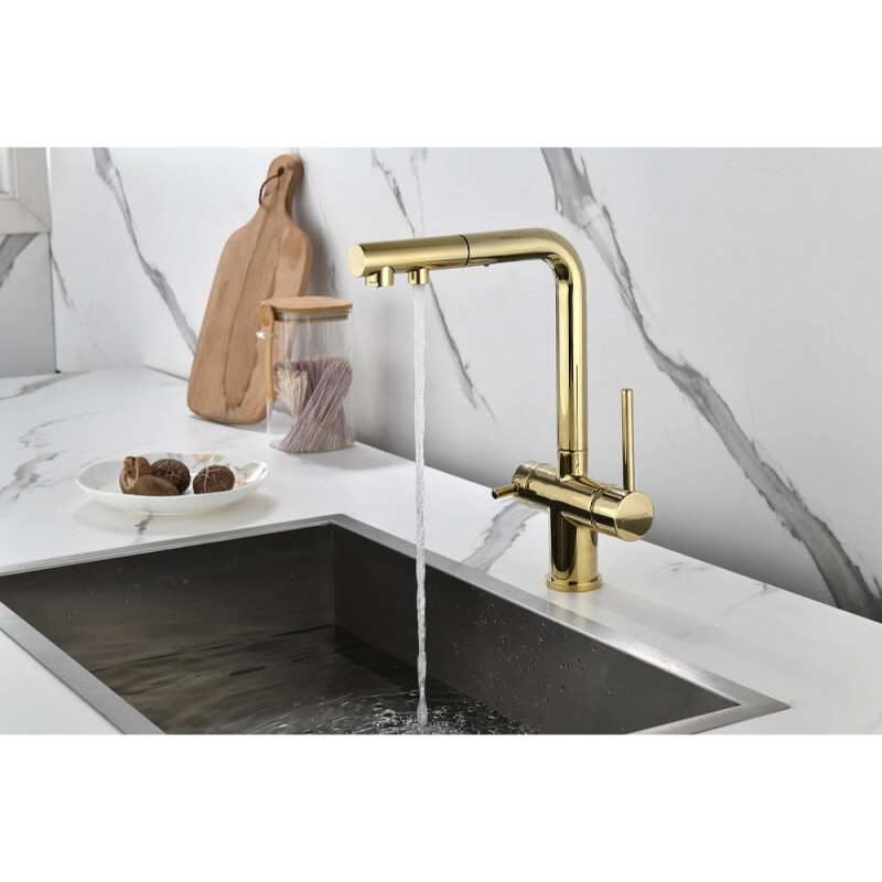 Смеситель Paulmark Serpentine Se213222-G для кухонной мойки с подключением к фильтру питьевой воды, золото