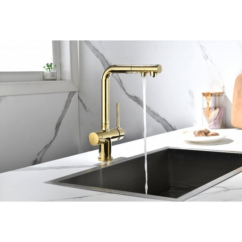 Смеситель Paulmark Serpentine Se213222-G для кухонной мойки с подключением к фильтру питьевой воды, золото