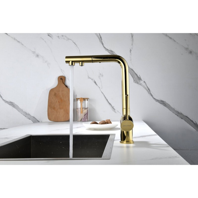 Смеситель Paulmark Serpentine Se213222-G для кухонной мойки с подключением к фильтру питьевой воды, золото