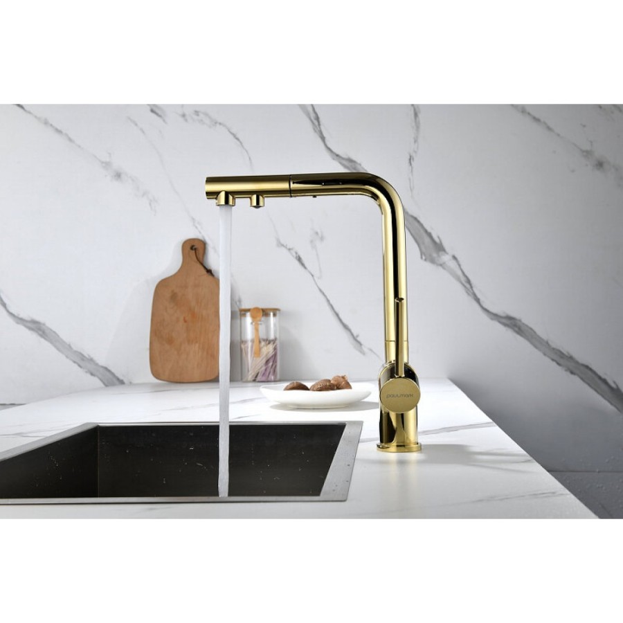 Смеситель Paulmark Serpentine Se213222-G для кухонной мойки с подключением к фильтру питьевой воды, золото