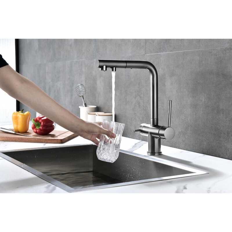 Смеситель Paulmark Serpentine Se213222-GM для кухонной мойки с подключением к фильтру питьевой воды, вороненая сталь