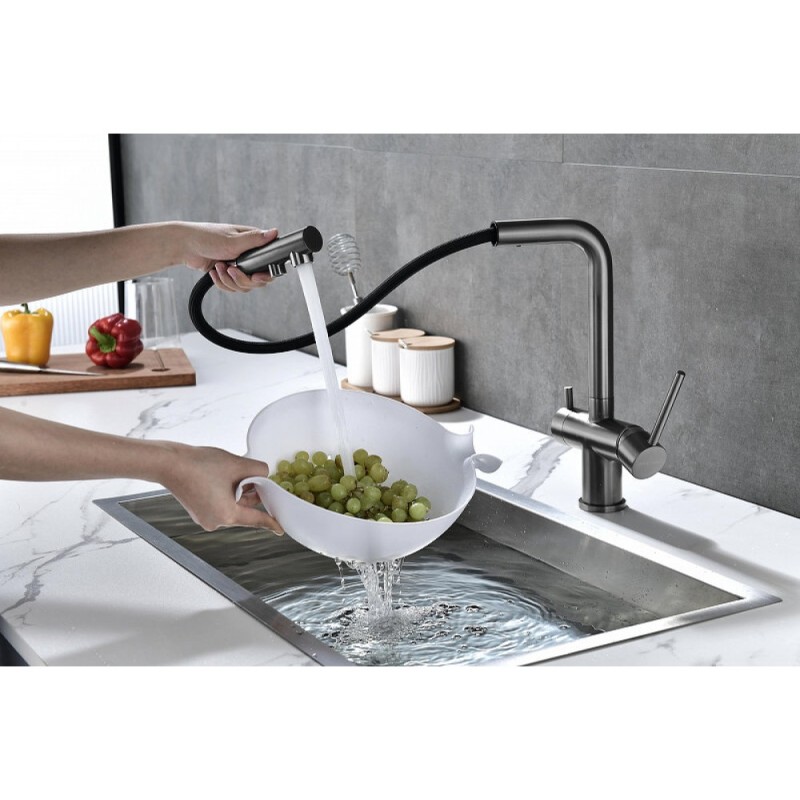 Смеситель Paulmark Serpentine Se213222-GM для кухонной мойки с подключением к фильтру питьевой воды, вороненая сталь