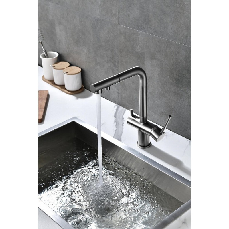 Смеситель Paulmark Serpentine Se213222-GM для кухонной мойки с подключением к фильтру питьевой воды, вороненая сталь