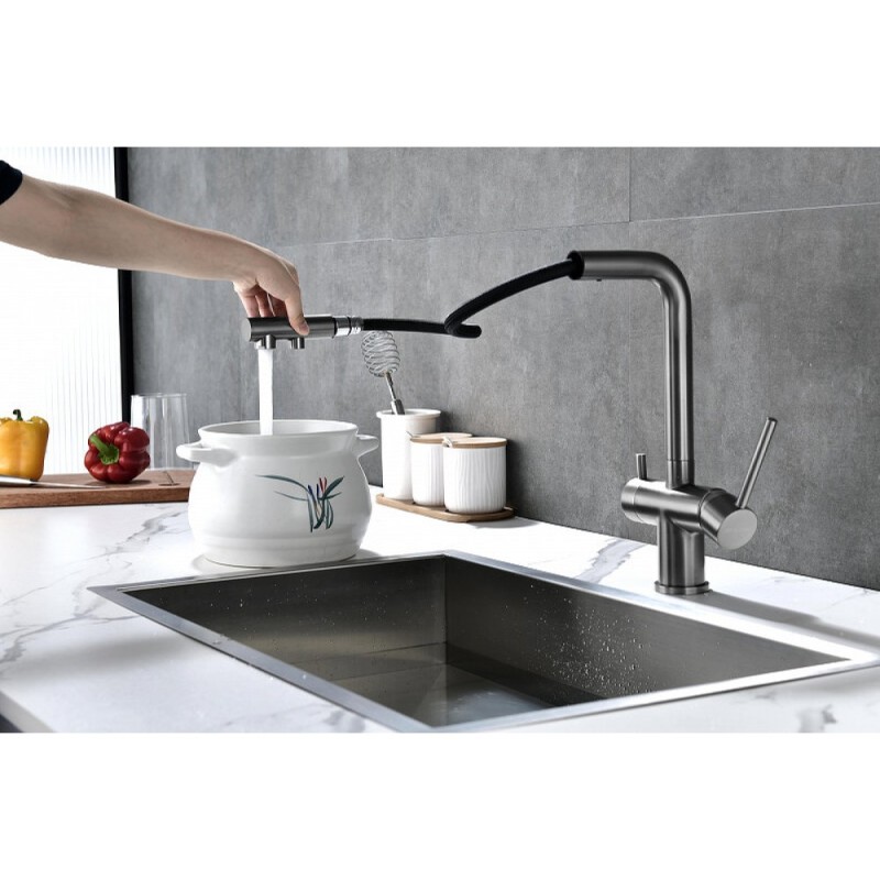 Смеситель Paulmark Serpentine Se213222-GM для кухонной мойки с подключением к фильтру питьевой воды, вороненая сталь