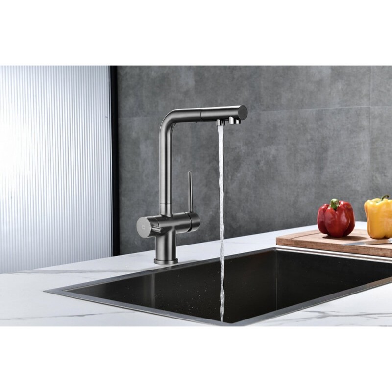 Смеситель Paulmark Serpentine Se213222-GM для кухонной мойки с подключением к фильтру питьевой воды, вороненая сталь