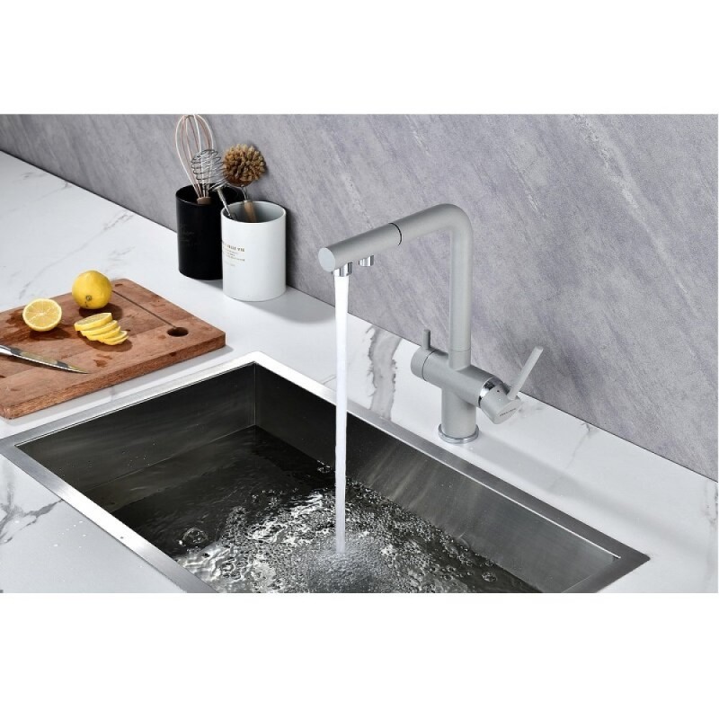Смеситель Paulmark Serpentine Se213222-GRS для кухонной мойки с подключением к фильтру питьевой воды, серый дым