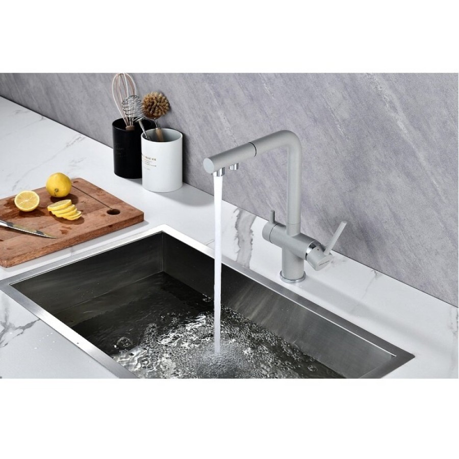 Смеситель Paulmark Serpentine Se213222-GRS для кухонной мойки с подключением к фильтру питьевой воды, серый дым