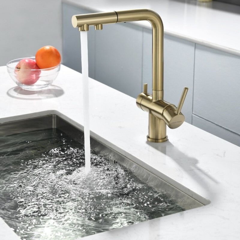 Смеситель для кухонной мойки Paulmark Serpentine Se213222-LG, с подключением к фильтру питьевой воды, золото светлое