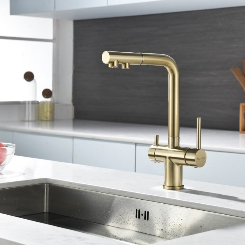 Смеситель для кухонной мойки Paulmark Serpentine Se213222-LG, с подключением к фильтру питьевой воды, золото светлое