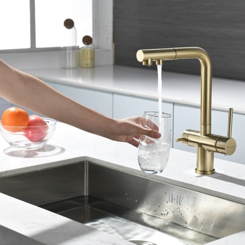 Смеситель для кухонной мойки Paulmark Serpentine Se213222-LG, с подключением к фильтру питьевой воды, золото светлое